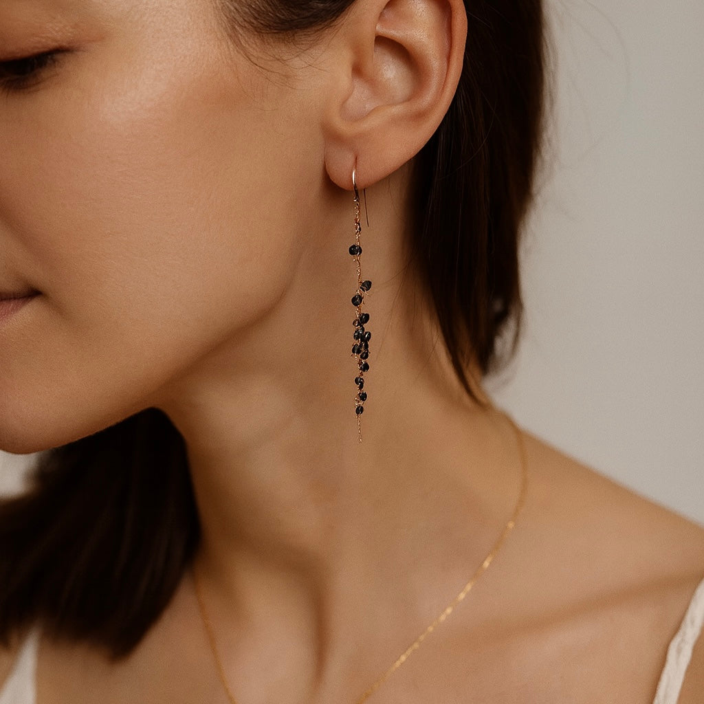 Boucles d'oreilles longues en grappe – bijou fait main LYLAN (vue 2)